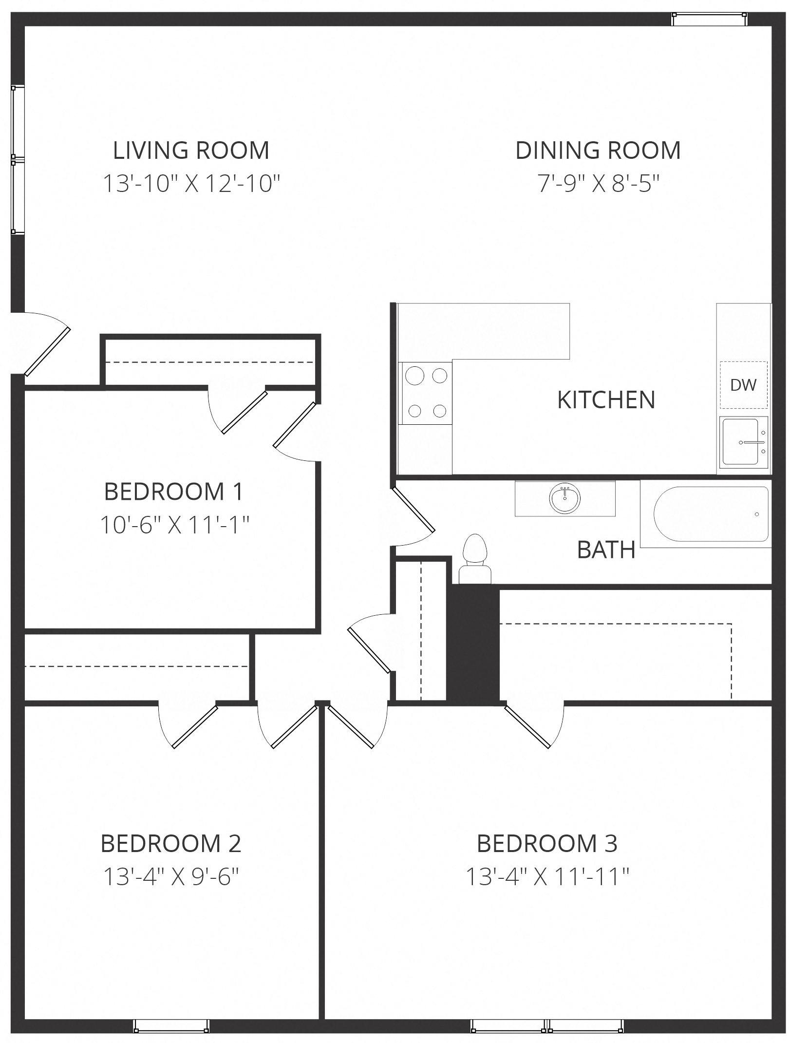 3 Bed 1 Bath floor plan